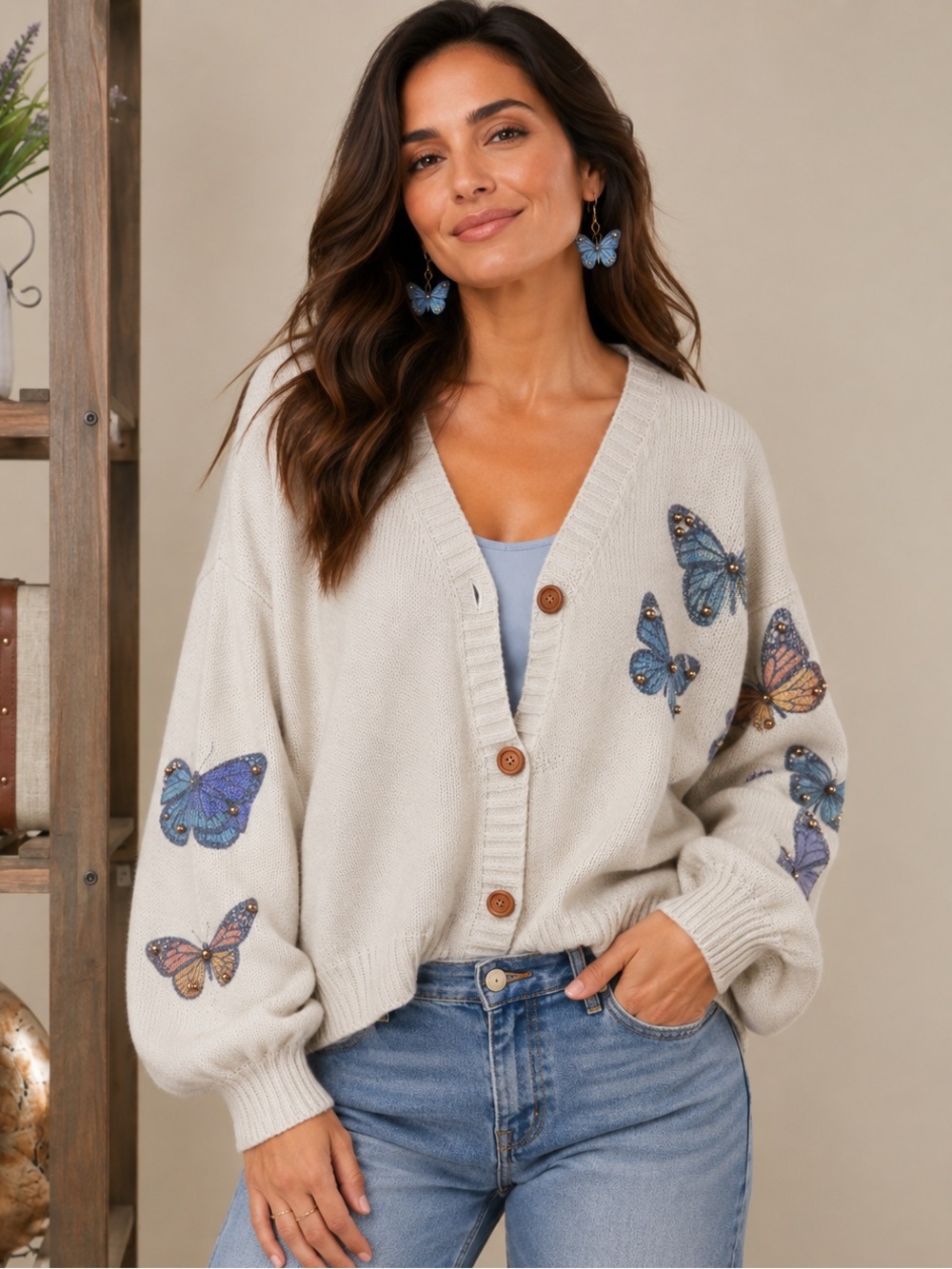 Butterfly Embroidered Cream V-Neck Button Cardigan Sweater